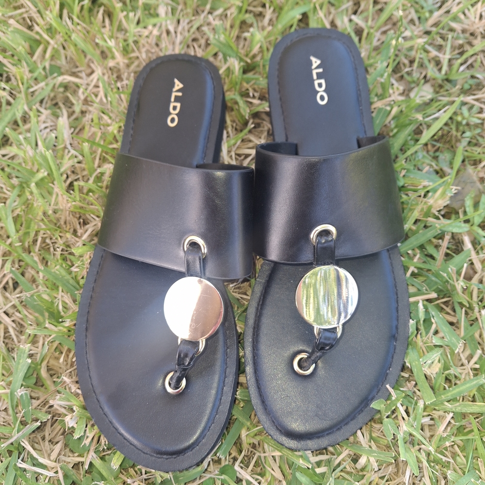 Aldo Black Slide Sandals with Gold Accents